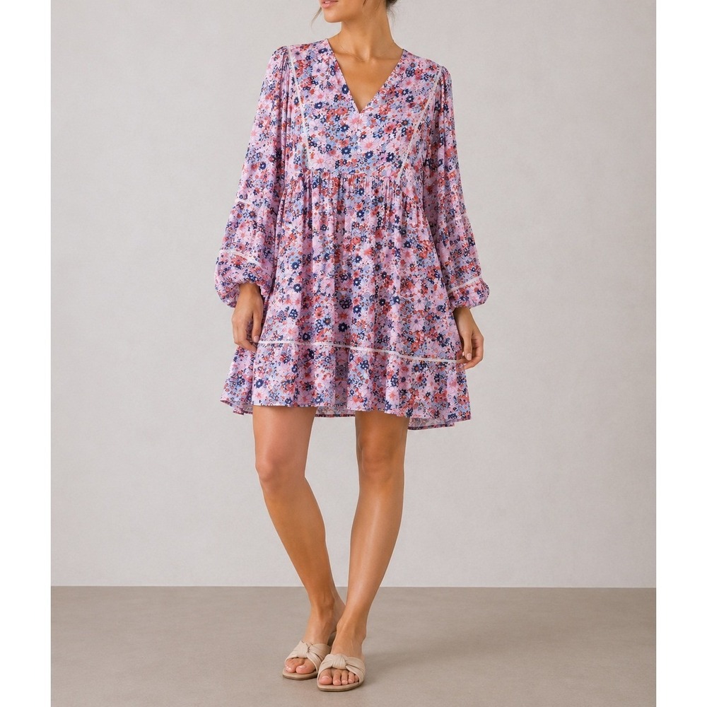 Natural Life Pink Floral Balloon Sleeve Lace Trim Boho Tunic Top XS